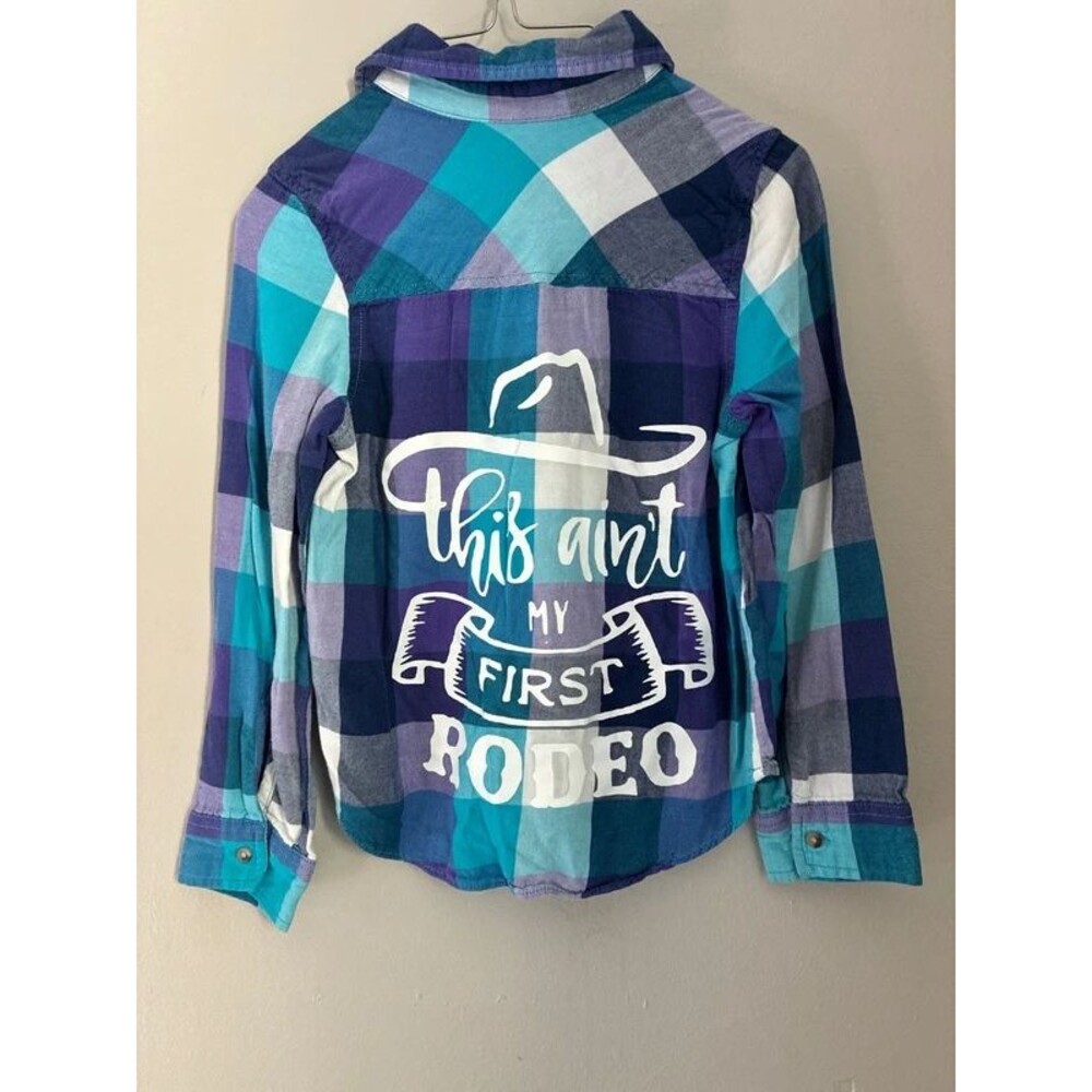 Girls Size 7/8 Plaid Western Cowgirl Button-Up Shirt "This Ain't My First Rodeo"